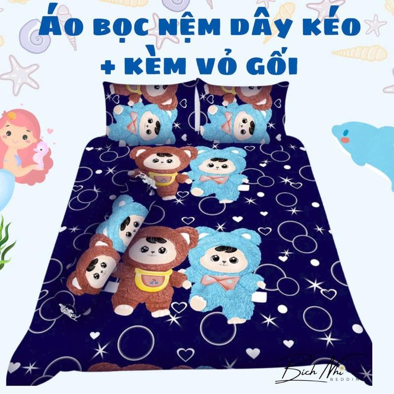 Set 4 món áo bọc nệm dây kéo kèm vỏ gối ôm dây kéo mẫu hoạt hình thun lạnh 3D