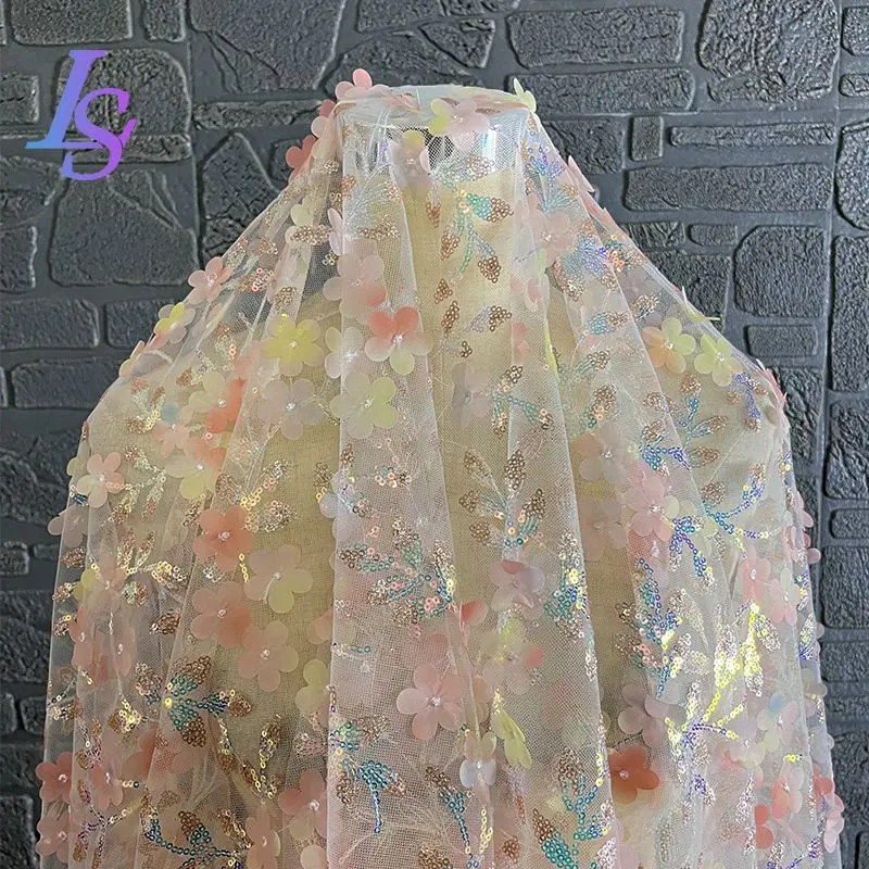 Vải Lưới Hoa Đỏ, Thêu Gradient Kim Sa, Sườn Xám Váy Trang Trọng, Quần Áo Trang Trí, Vải Thiết Kế