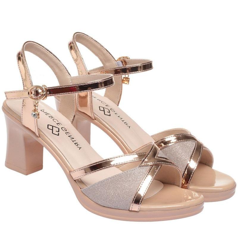 Giày sandal gót vuông 5f quai da kim tuyến đắp chéo.