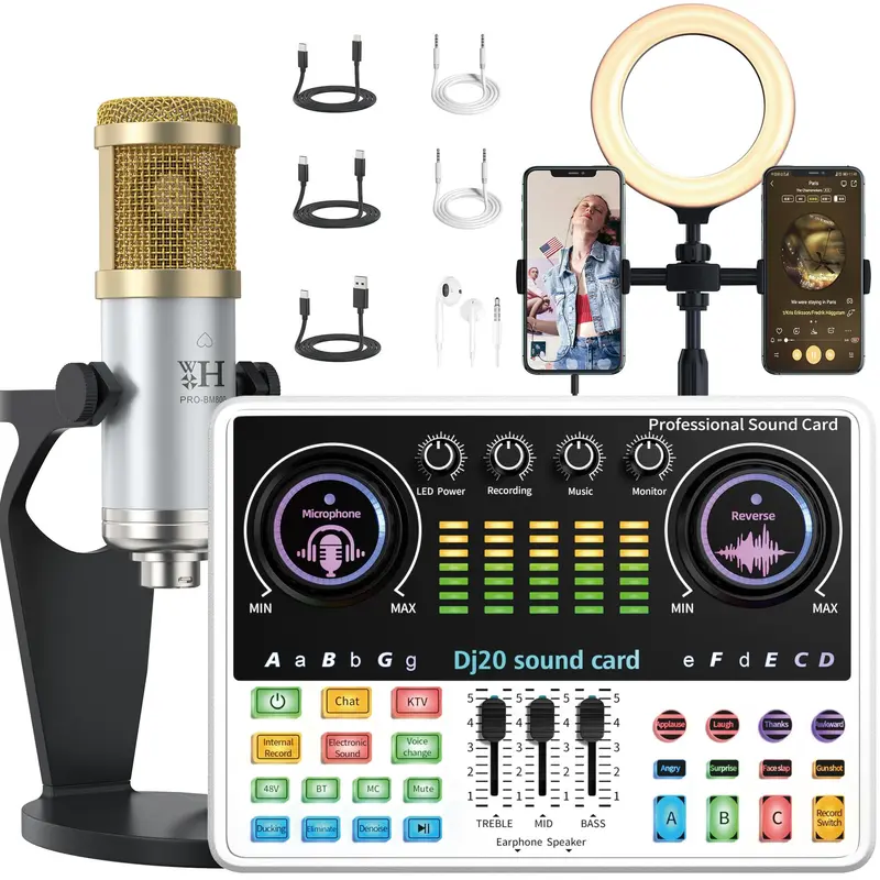 Live Streaming Audio Mixer & Pro-BM800 Microphone, Bluetooth-compatible Audio Interface, Mute Button, Individual Controls, Volume Faders, Noise Cancellation Audio Mixer 0