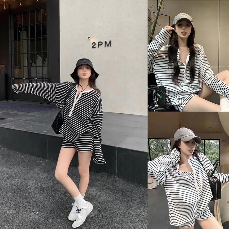  Set Áo Thun Form Rộng Cổ V Cài Nút Kéo Dài Cách Điệu Dài Tay Kẻ Sọc Kèm Quần Đùi By Thời Trang News Nữ Women Top Kem Jacket 