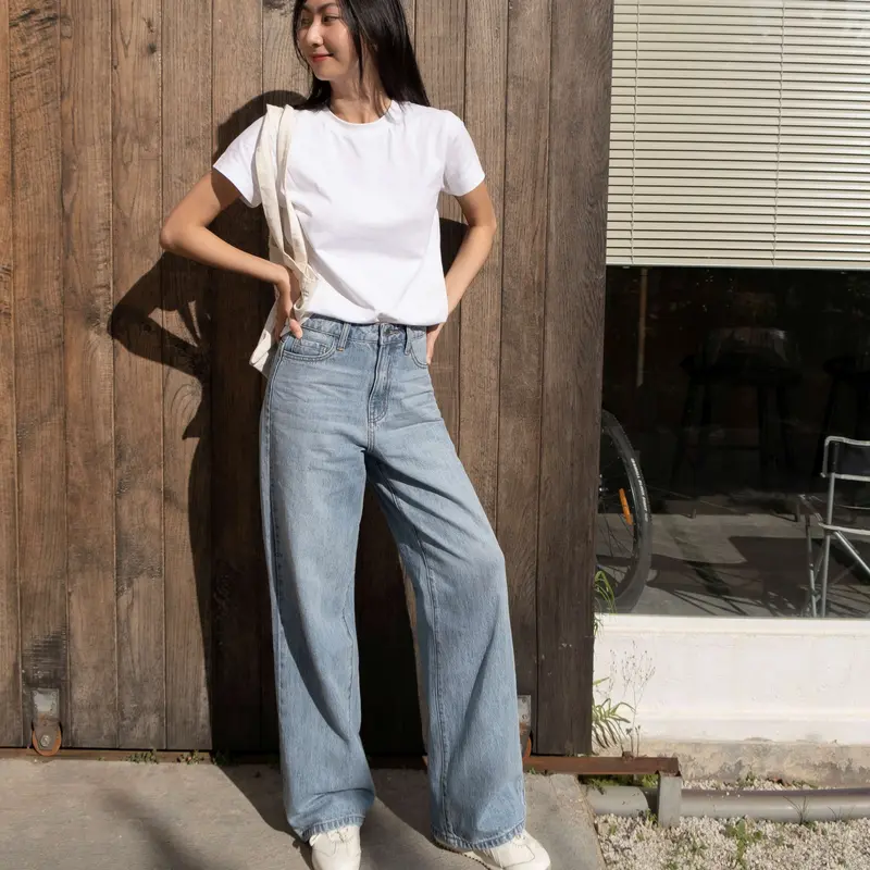 [Hashtagem] Quần Jeans Nữ Ống Rộng Wide Leg Jeans, Lưng Cao, Form Suông Rộng, Màu Xanh Sáng, Chất Cotton Không Co giãn, Wash Hông Thời Trang (WLJ.1) Pants Women Ong 0
