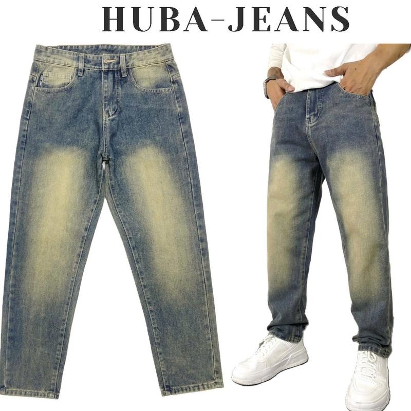 Quần jean dáng form suông rộng quần bò baggy trơn ống rộng nam dễ phối đồ, chất jean đẹp xanh ánh vàng Retro HUBA JEANS Pants Menswear Ong Có Túi Cotton Loang Denim grind  wash jean han quoc