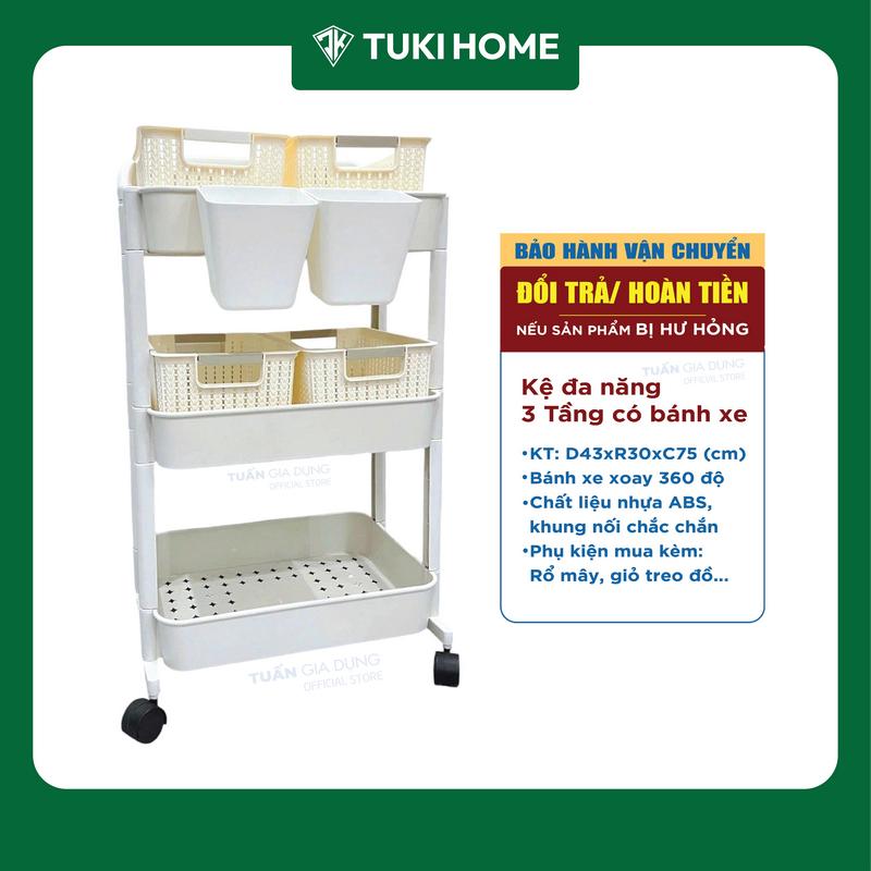 [SALE Kệ KHUNG NHỰA Ecomax] Kệ đa năng 3 tầng có tay đẩy, đựng đồ mẹ bé, rổ đan mây, giỏ treo đồ tiện dụng Kitchen