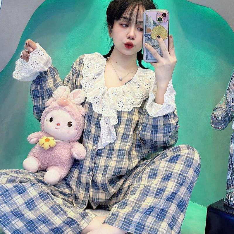  Sét bộ ngủ pijama kiểu dáng tiểu thư chất thô đũi xinh xỉu  freesize 40-60kg  - Nữ - Women Nhung Áo Ngủ Quần Ngủ Tim Nho 