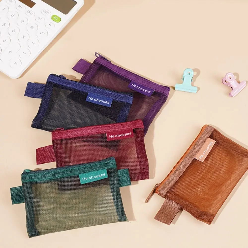 Portable Mesh Coin Purse Large Capacity Zipper Lipstick Bag Transparent Solid Color Cosmetic Storage Bag