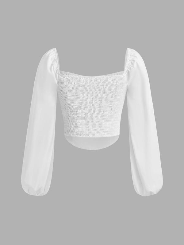 YOZY Women's Plain Shirred Curved Hem Bishop Sleeve Crop Blouse, Casual Square Neck Long Sleeve Top for Daily Wear, Ladies Clothes for All Seasons 1