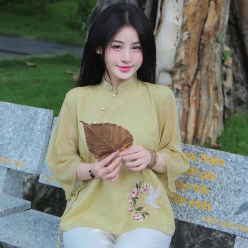 Bộ lam tơ dây eo thêu hạc ánh kim quần suông Nữ 4