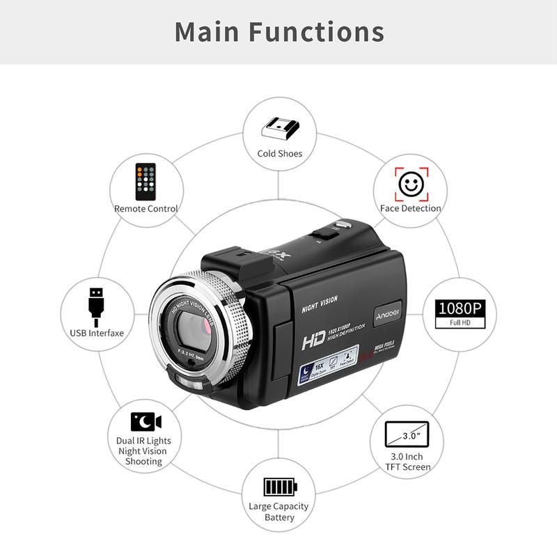Andoer V12 1080P Full HD 16X Digital Zoom Recording Video Camera Portable Camcorder with 3.0 Inch Rotatable LCD Screen Max. 30 Mega Pixels Support Night Vision Face Detection Face Beautification 3