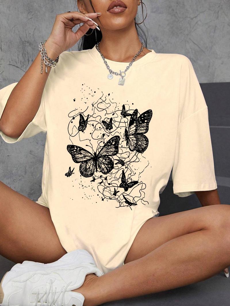 Product Introduction of Women's Butterfly Print Round Neck Tee, Y2K Streetwear Summer Clothes, Vintage Trendy Casual Graphic Drop Shoulder Half Sleeve T-Shirt for Summer Daily Wear 5