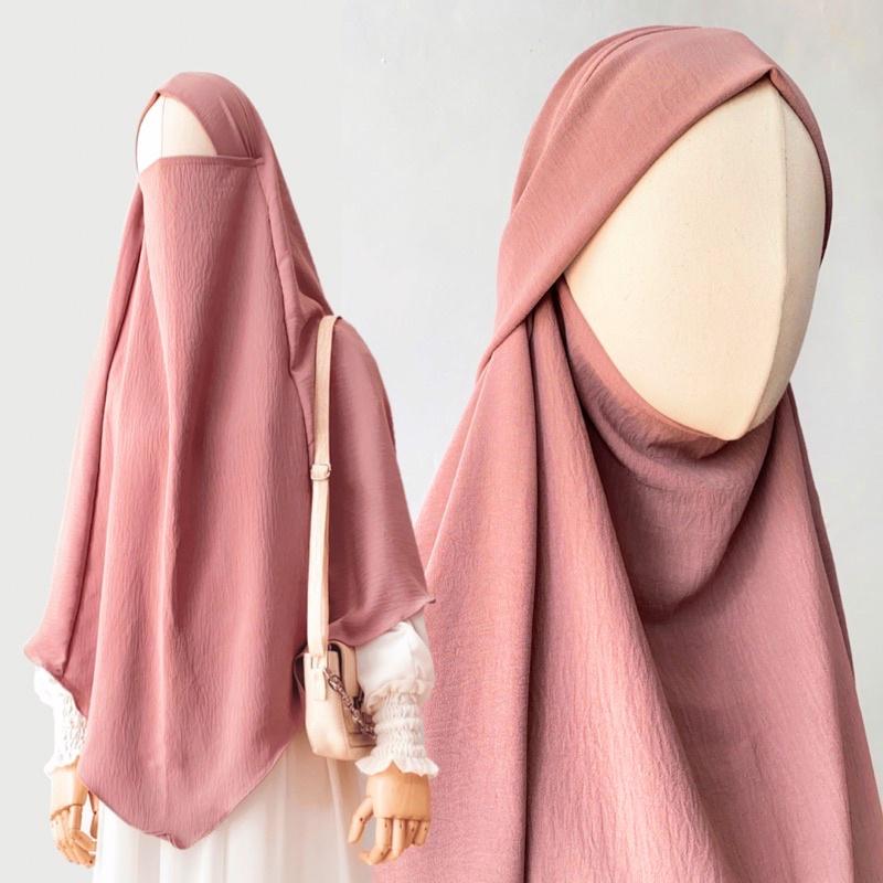 Product Introduction of Hijab Khimar Syari Jilbab Jumbo Daily French Khimar Crinkle Airflow Free Cadar Tali ZHI Hitam Layer 1