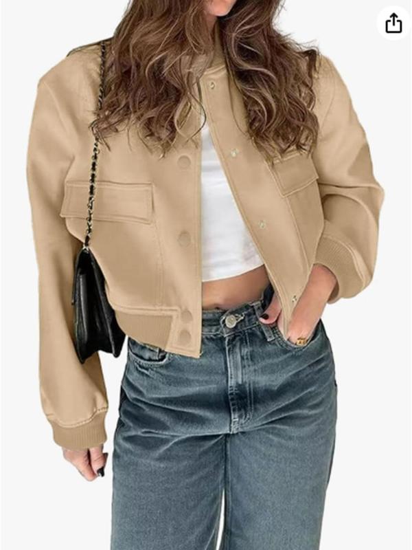 Women's Plain Flap Pocket Crop Bomber Jacket, Designer Jacket, Casual Comfort Long Sleeve Button Front Varsity Jacket, Lady Outerwear for Daily Wear, Womenswear, Coat, Winter Top, Longsleeves Tops for Women, Womenswear 7