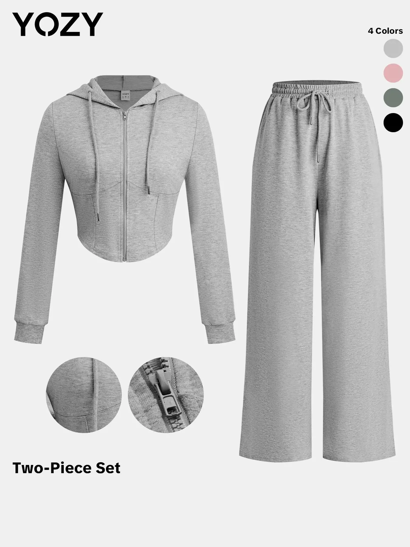 YOZY Two-Piece Set Women's Solid Zip Up Hoodie & Drawstring Waist Wide Leg Pants Set, Casual Long Sleeve Hooded Top & Pocket Trousers for Spring & Fall, Women's Clothes for Daily Wear