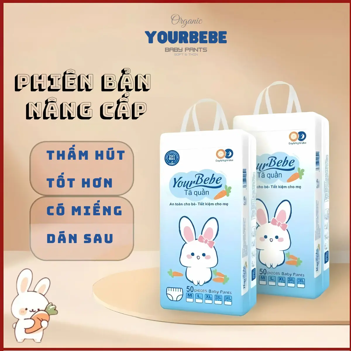 Combo 2 bịch bỉm quần YourBebe (100 miếng) bỉm mỏng 2mm thấm hút 500-800ml
