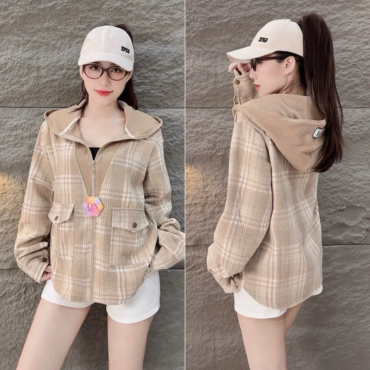 QUỲNH NHI - Áo khoác sơ mi flannel kết hợp thun gân, vải dạ mềm mại, nón to chống nắng - mã SMG