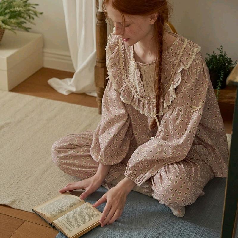 Bộ đồ ngủ nữ dài tay Ullala Anne Peble cotton họa tiết hoa mùa thu đông Women Pijama