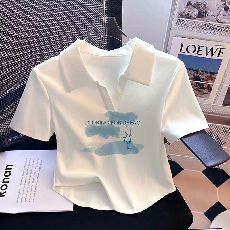 Product Introduction of [2281 Favorites] White Polo Collar Printed Short Sleeve T-Shirt for Women Summer Irregular V-Neck Pure Desire Style Sweet Hot Girl Short Top Womenswear Lingerie Comfort Casual Heart Love 12