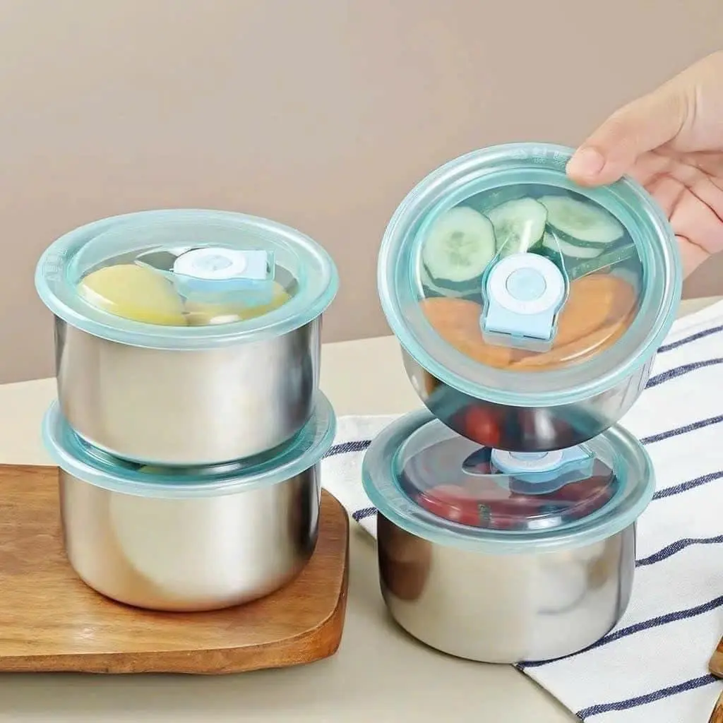 combo 5 hộp inox tròn có nắp gài nút cao su chống trào (đường kính 10cm bằng chén ăn cơm)