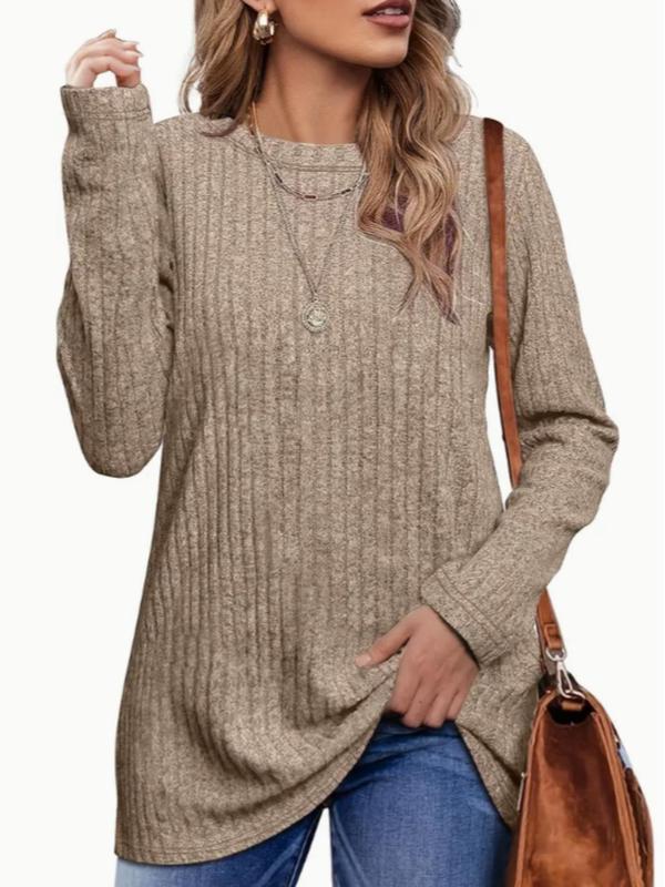 【Plus Size】 Solid Color Round Neck Top, Casual Long Sleeve Crew Neck Top for Fall & Winter, Women's Clothing for Daily Wear 0