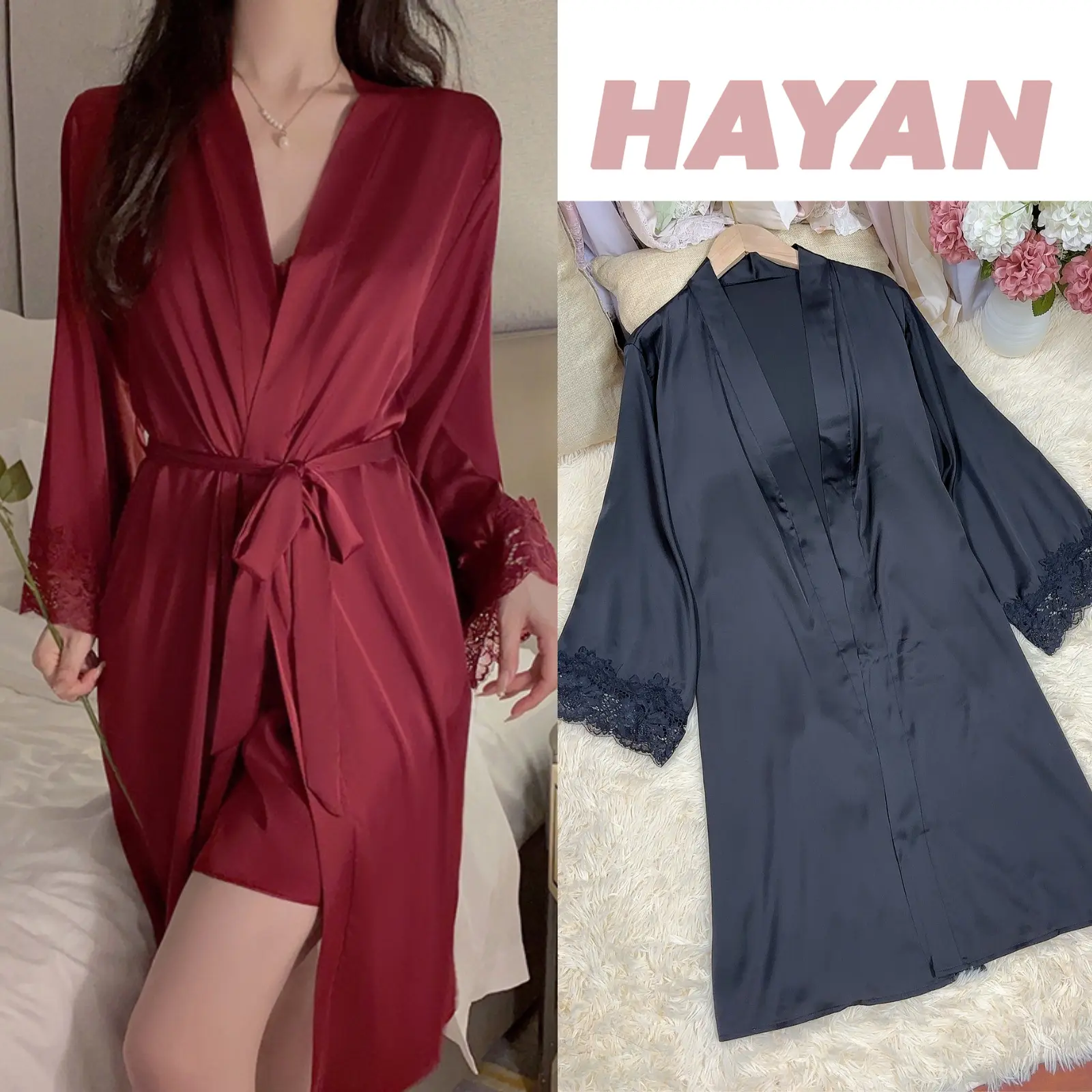 HT36 Áo choàng ngủ lụa sexy phối ren gợi cảm, áo choàng sexy quyến rũ HT36