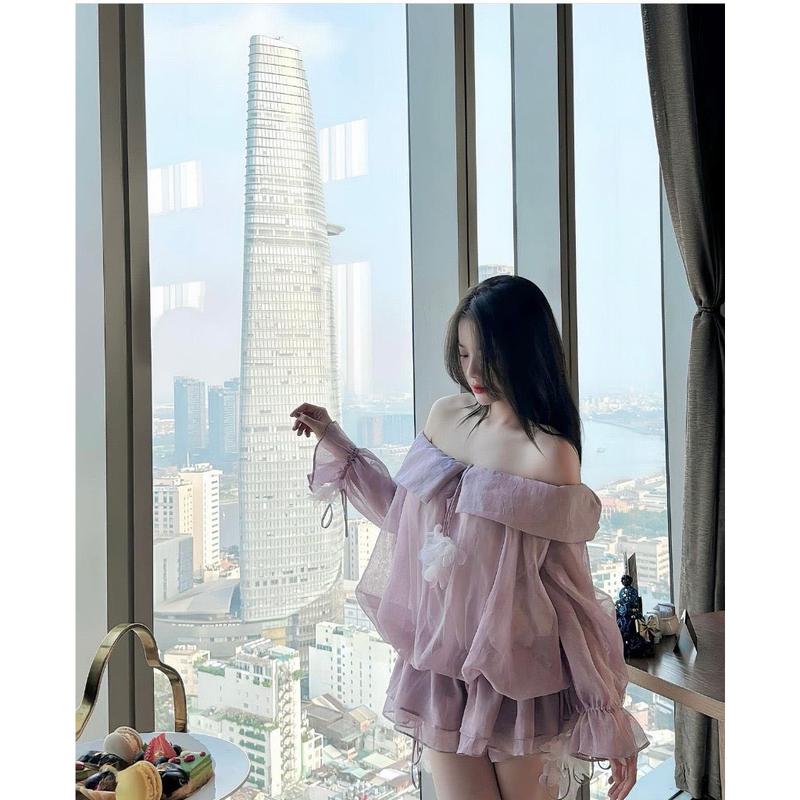 M902 - Đầm bồng trễ vai tay dài bo chun eo, đầm trễ vai voan bèo 2