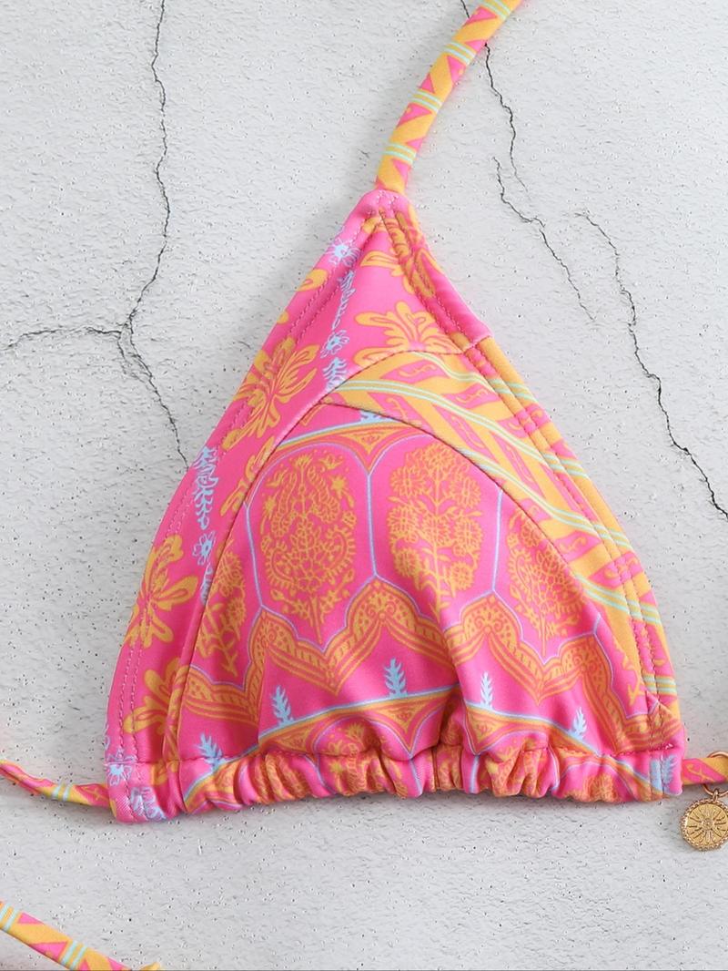 Product Introduction of Two-Piece Set Women's Ethnic Pattern Bikini Set, Boho Halter Triangle Swim Bra & Tie Side Swim Bottom, Ladies Summer Swimwear for Beach Holiday Vacation 4