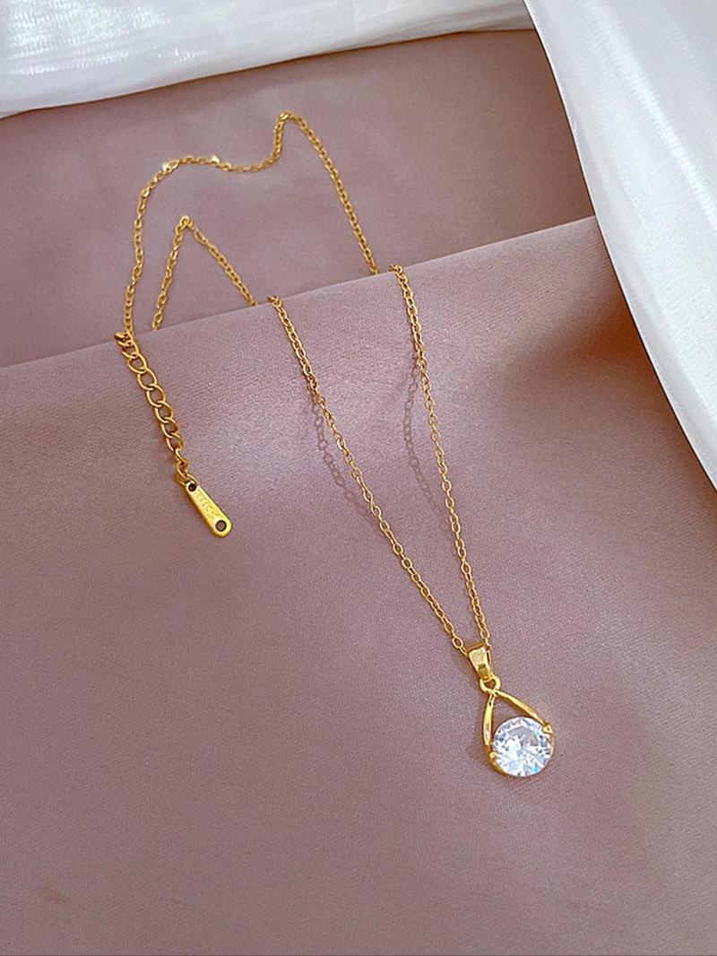 Product Introduction of Women's Elegant Water Drop Pendant Necklace Inlaid Round Rhinestone, Exquisite Trendy Pendant Necklace, Chic Jewelry As Gift for Girlfriend 4