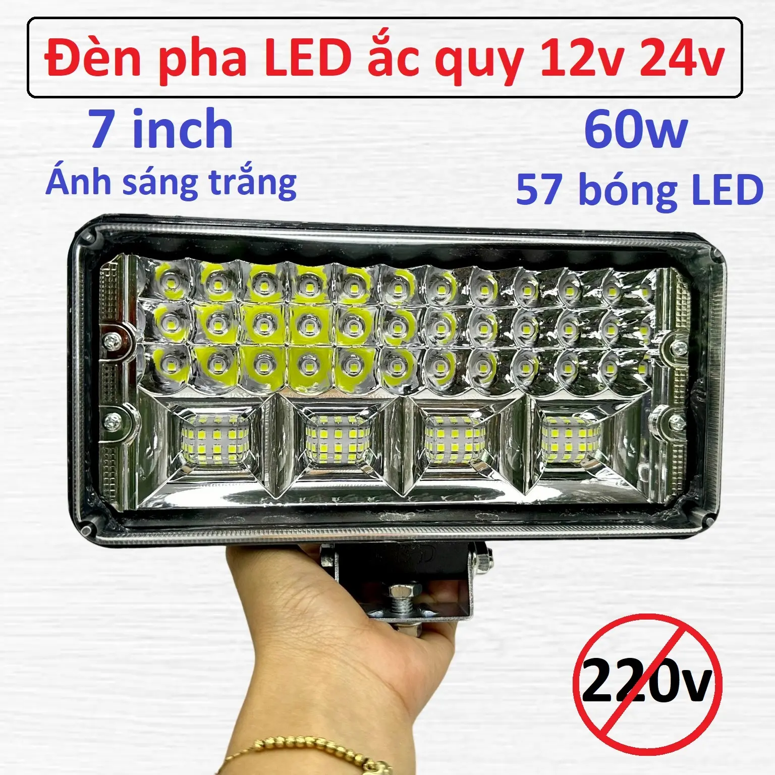 Đèn LED 7 inch 60w có 57 bóng LED 12v 24v chống nước ánh sáng trắng máy gặt kéo cày, tàu ghe, công nông, xe đạp điện den phasieusang