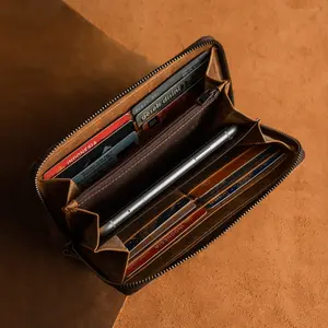 REVEN Abimana Dompet Panjang Resleting Pria Kulit Sapi Crazy Horse Laki Multi Kompartemen 12 Slot Kartu Ruang Uang Kertas Zipper Card Holder Untuk Bisnis Kerja Pouch HP Gaya Brown Tan