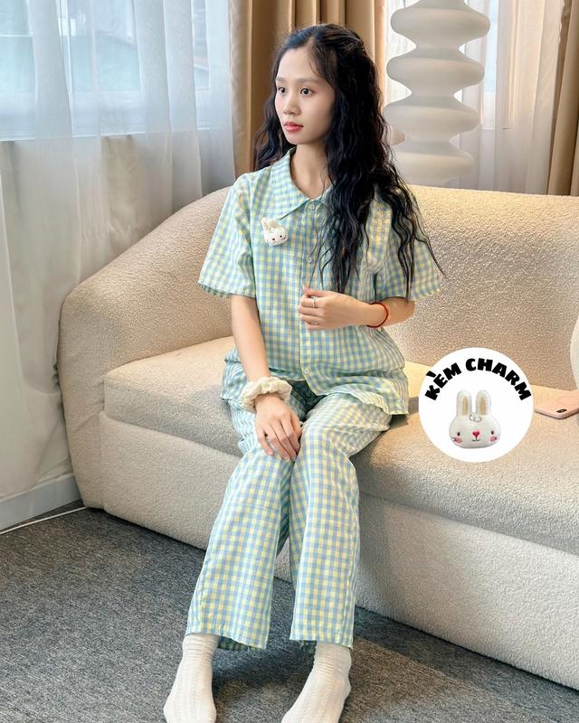 Bộ kẻ caro Cộc Dài Minoji Store nhiều màu chất đũi họa tiết dễ thương phong cách Hàn Quốc 4