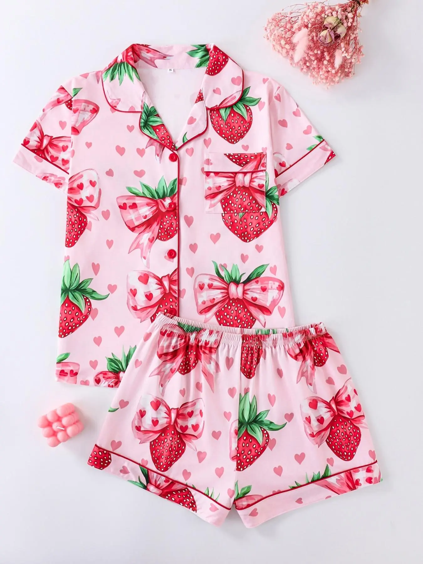Women's Strawberry & Heart Print Lapel Neck Shirt & Shorts Pyjama Two-piece Set, Ladies Sleepwear for All Seasons, Loungewear, Pajamas