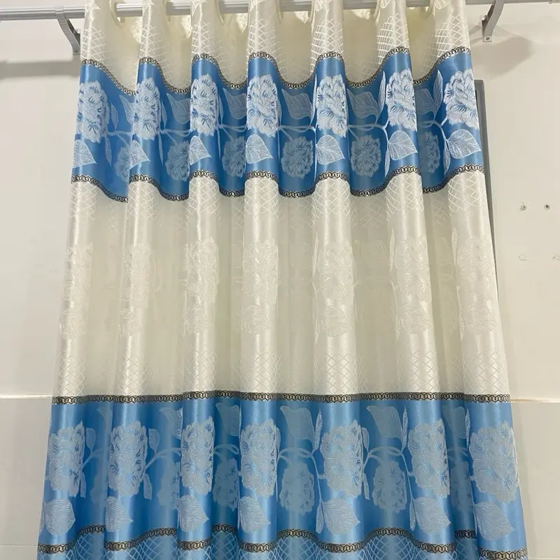 Rèm cửa gấm hoa văn hoa hồng xanh dương phối trắng cản nắng cản sáng 70%-80% (Giá met căng thẳng chưa bao gồm thanh treo)