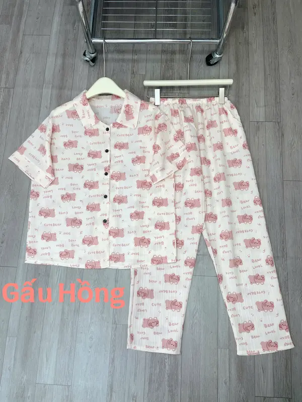 Set bộ tay ngắn quần dài in hình họa tiết dễ thương, bộ ngủ tay ngắn quần dài chất liệu xốp sọc freesize từ 40 - 65 kg cho nữ 1
