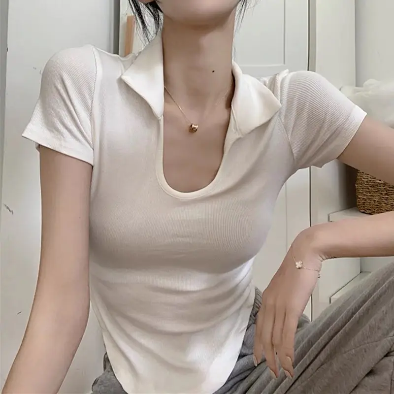 【Premium】U-Neck Short Sleeve Stretchy Basic Collar Top 7107 (S/M/L) 1