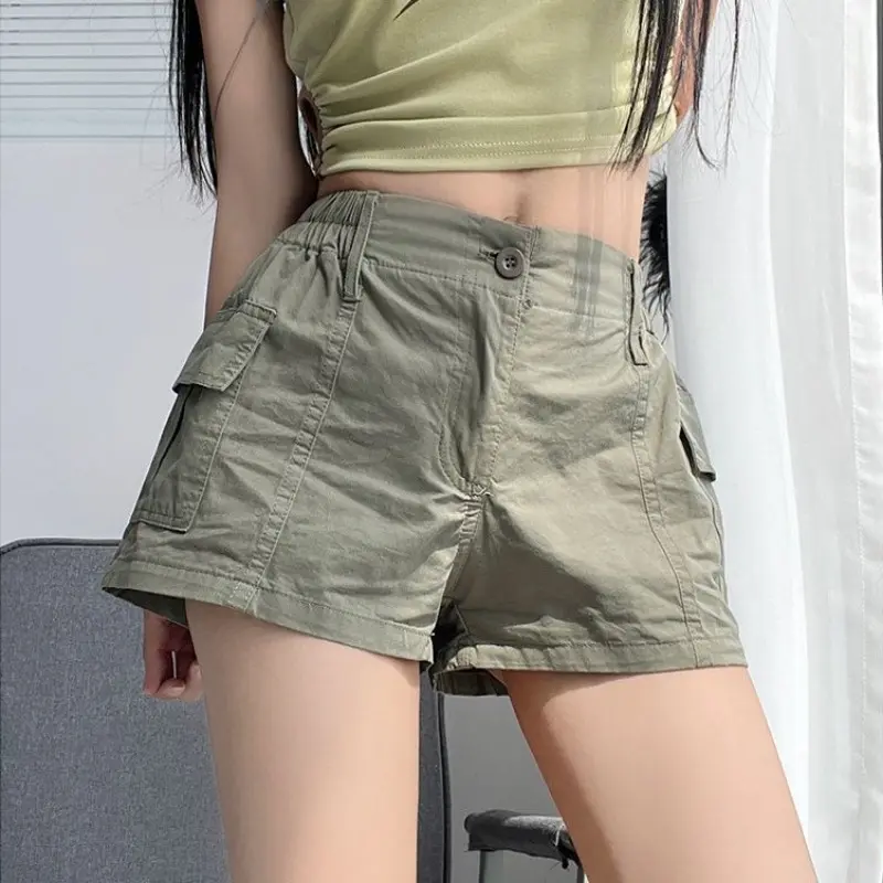 Summer Simple Design Elastic High Waist Pocket Work Shorts Women's Fashion Versatile Sports Fitness Pants