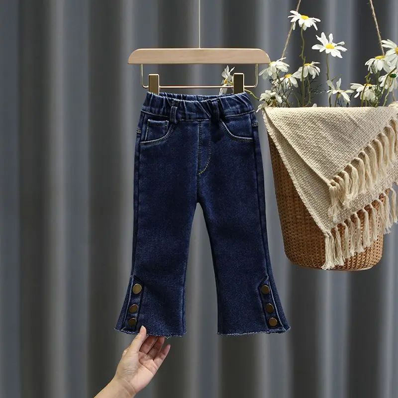 Quần Jean Bé Gái, Hàng Mới Về, Dành Cho Trẻ Em, Mùa Thu Và Mùa Đông, Lót Lông Cừu, Dày Dặn, Phong Cách Hàn Quốc, Quần Đáy Chuông, Quần Mặc Bên Ngoài Phong Cách Phương Tây Cho Bé, Thời Trang 1