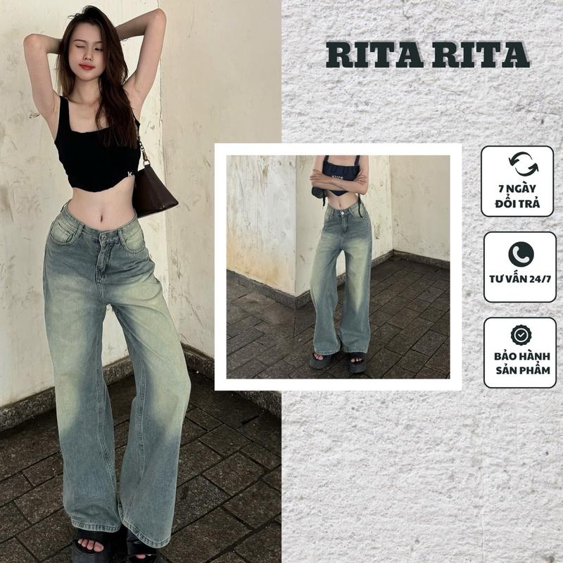 (RITA JEAN)7111 Quần ống xuông nấm lùn jean nữ màu xanh phủ bụi ánh vàng Basic trơn đơn giản lai cuốn dài 100cm 7111 RITA Voi