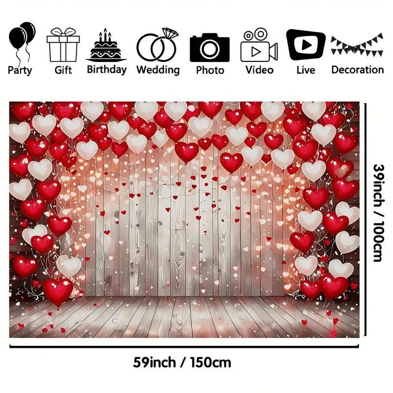 Heart Shaped Balloon Pattern Background Banner, 1 Count Wooden Board Background Banner, Photo Background, Birthday Background, Anniversary 1