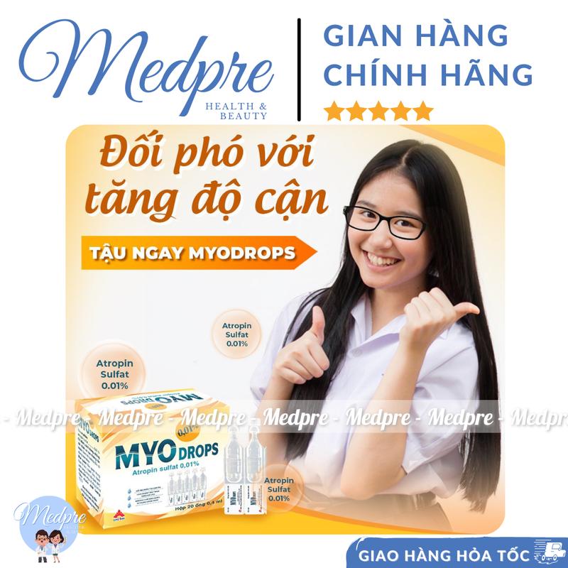 Dung dịch nhỏ mắt MYODROPS 0,01 (Atropin 0,01%) - Làm chậm và kiểm soát quá trình tăng độ cận - Hộp 4 vỉ 20 tép - Medpre 6