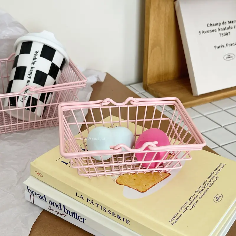 [MINIHOME] LULU Basket Keranjang Mini Trolley Aesthetic Keranjang Kecil Dekorasi Rumah Korean Home Décor Organizer Tempat Penyimpanan Minimalis Stainless Steel Korea Keranjang Buah Belanja Makeup Pink Minihome 8