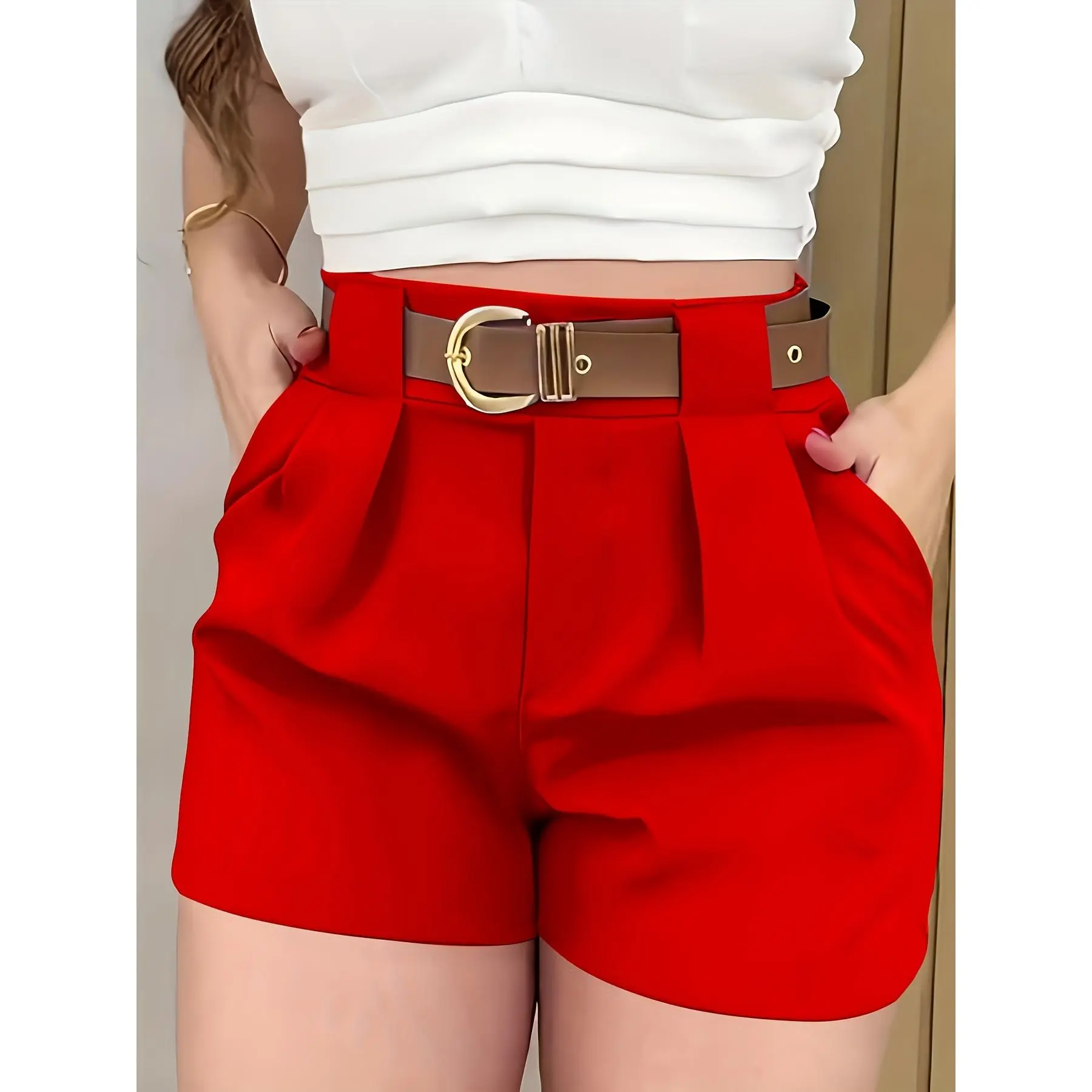 Women's Elegant White Casual Shorts - High Waist, Pleated Design, Polyester, Non-Elastic, With Pockets, Spring/Summer, High Waist Shorts Womenswear Bottom