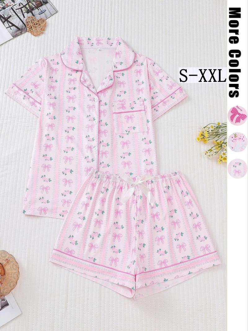 Product Introduction of Two-piece Set Women's All Over Bow Print Pocket Button Front Shirt & Bow Decor Shorts Pyjama, Casual Comfy Short Sleeve Lapel Top & Elastic Waist Shorts Pj Set, Ladies Summer Sleepwear, Summer Friday Set, Sleep Sets, Pajamas 3