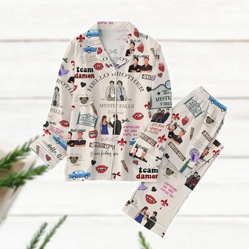 Vampire Diaries Pajamas Set, Vampire Tv Series Pajamas, Hello Brother Matching Pajamas, Salvatore Family Pajamas, Horror Movie Fan Gift Fabric Loungewear 1