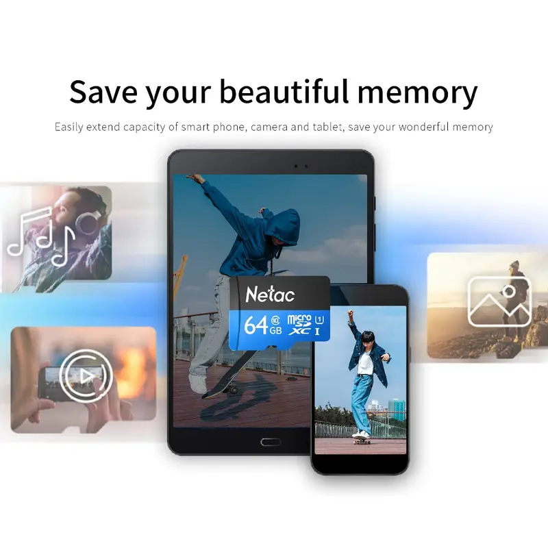 Netac MicroSD P500 Standard MicroSDHC/SDXC with SD Adapter 16GB/32GB/64GB/128GB U1/C10 up to 90MB/s Retail Pack Card 1