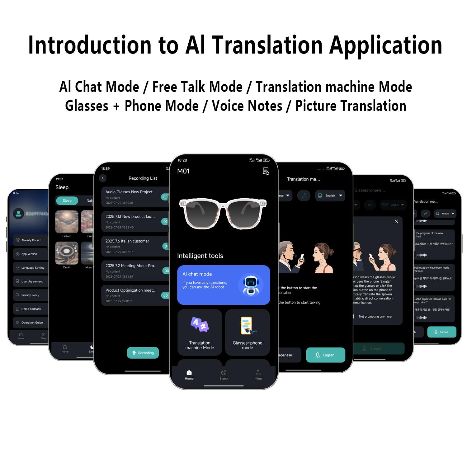 Smart AI translation audio glasses, real-time app translation in over 160 languages, light-sensitive color-changing lenses - Image 2
