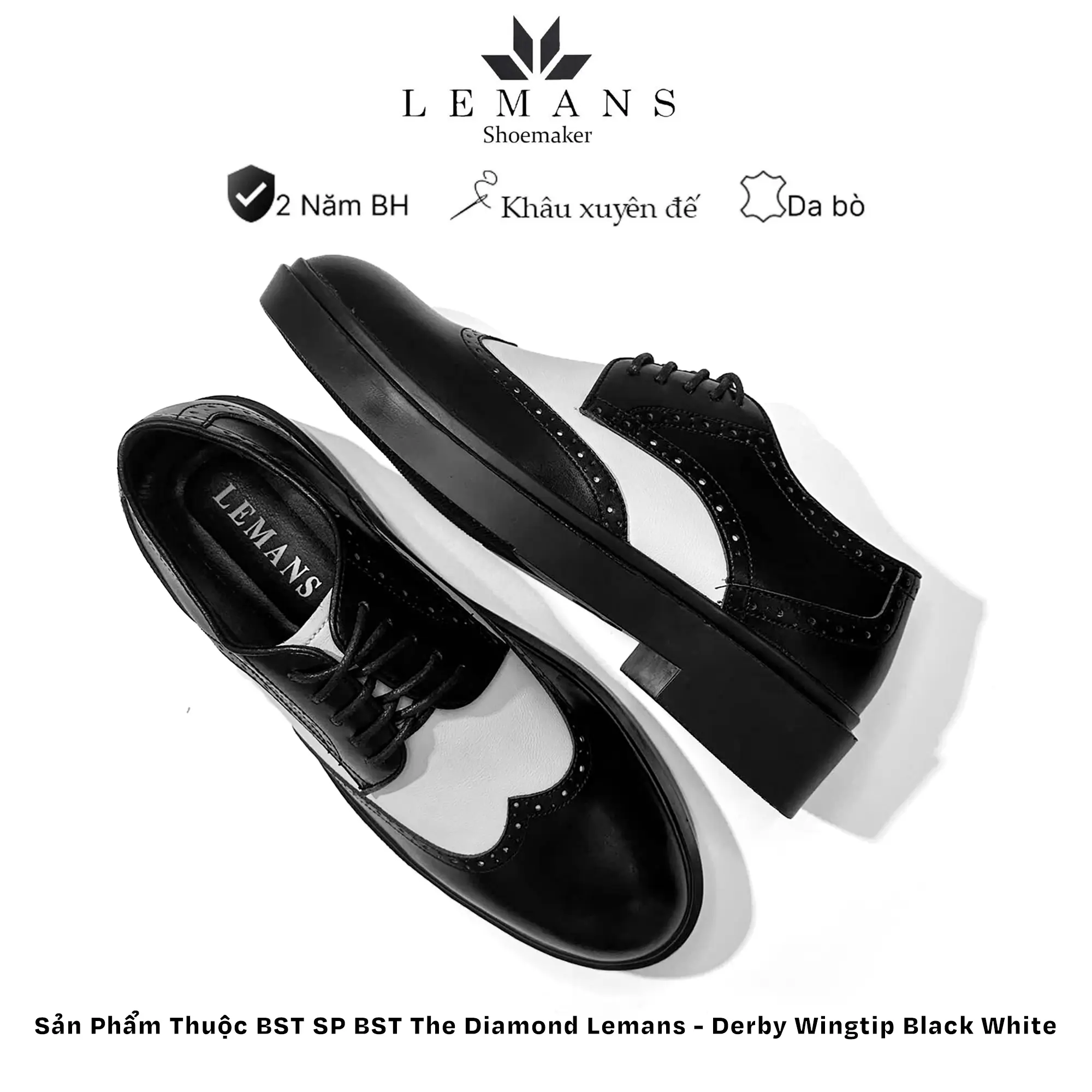 Giày da bò Derby Wingtip Black White LEMANS da bò nguyên tấm, đế tăng cao độc quyền, Bảo hành 24 tháng Cao Su Hoa