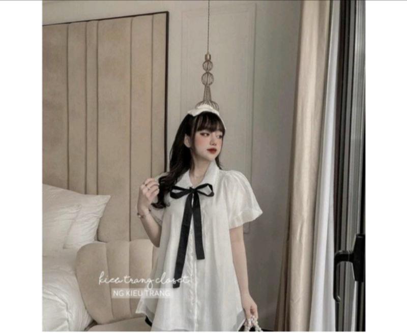 Áo babydoll voan cổ bèo viền ren thắt nơ dáng xòe - Áo váy babydoll tay bồng_27 Top Sơ Mi Nữ Shirt Women Cổ Tròn