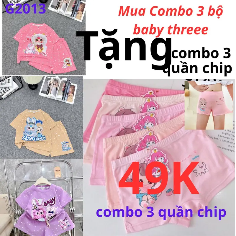Combo 3 bộ baby three cho bé gái 9-42kg hàng chất cotton su/ siêu 2025 + tặng combo  3 Quần chip cho bé gái  G2013 0