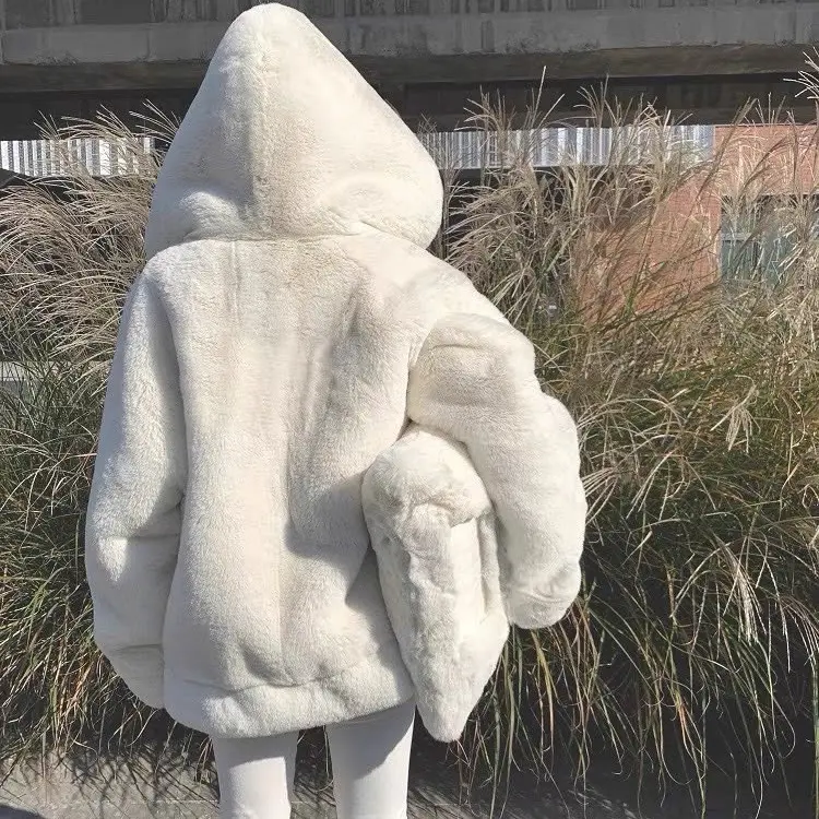 Áo khoác lông thỏ unisex MÀU TRƠN CÓ MŨ siêu rộng thiết kế phong cách Hàn Quốc 1
