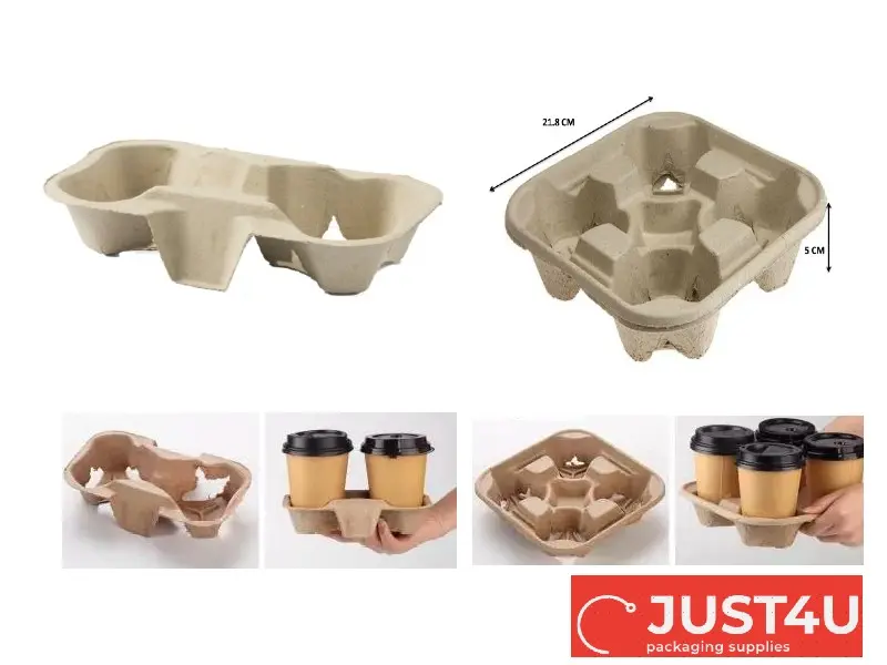[2 Size] 2 & 4 Cup Paper Moulded Pulp Cup Tray / Drink Tray / Disposable Cup Tray / Biodegradable Pulp Fiber Cup Tray